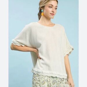 Elegant Cream Women's Top Scallop Sleeve S NEW Linen UMGEE Short Sleeve Crew
